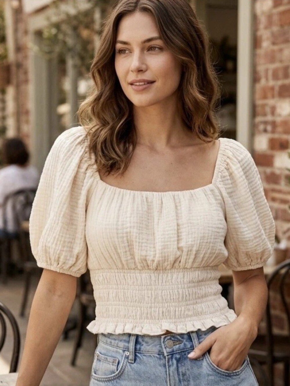 Copper Key Cream Smocked Puff Sleeve Crop Top